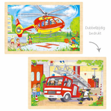 Houten Dubbelzijdige Puzzel Helikopter en Brandweerwagen | Goki
